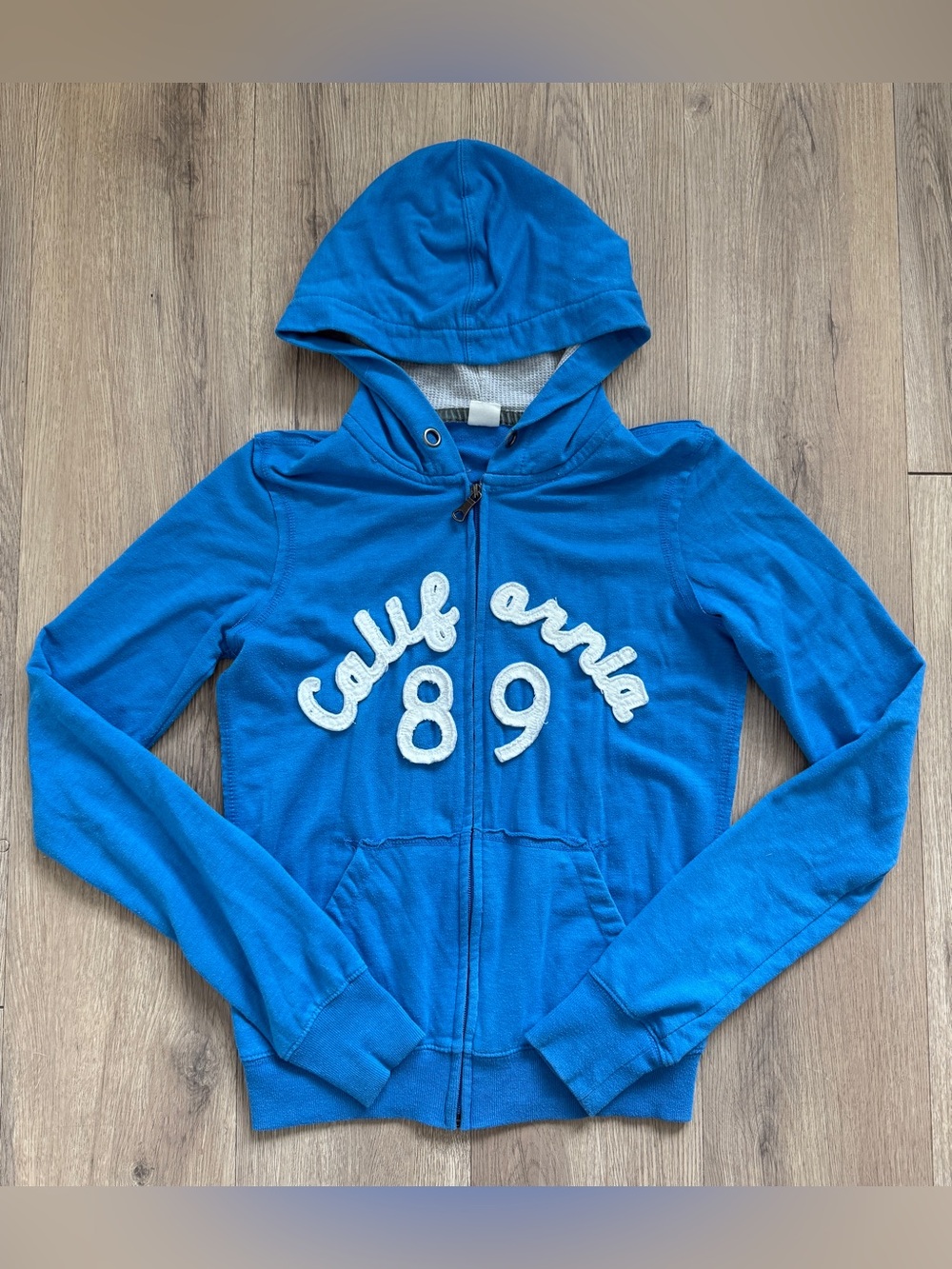 Love Tree Womens Small Blue Full Zip Hooded Hoodie Graphic Print Waffle Knit